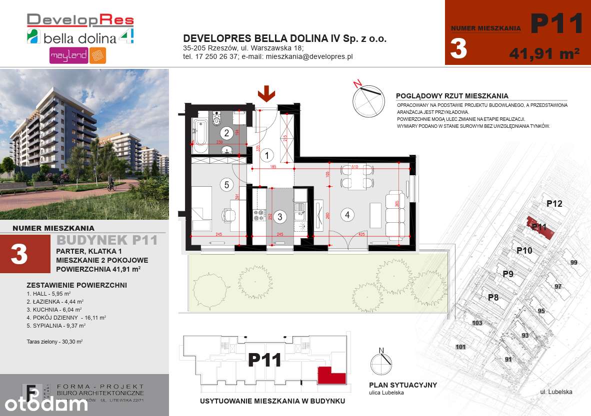 41,99 m², 2 pokoje, jasna kuchnia, taras zielony 30 m² - P11-3