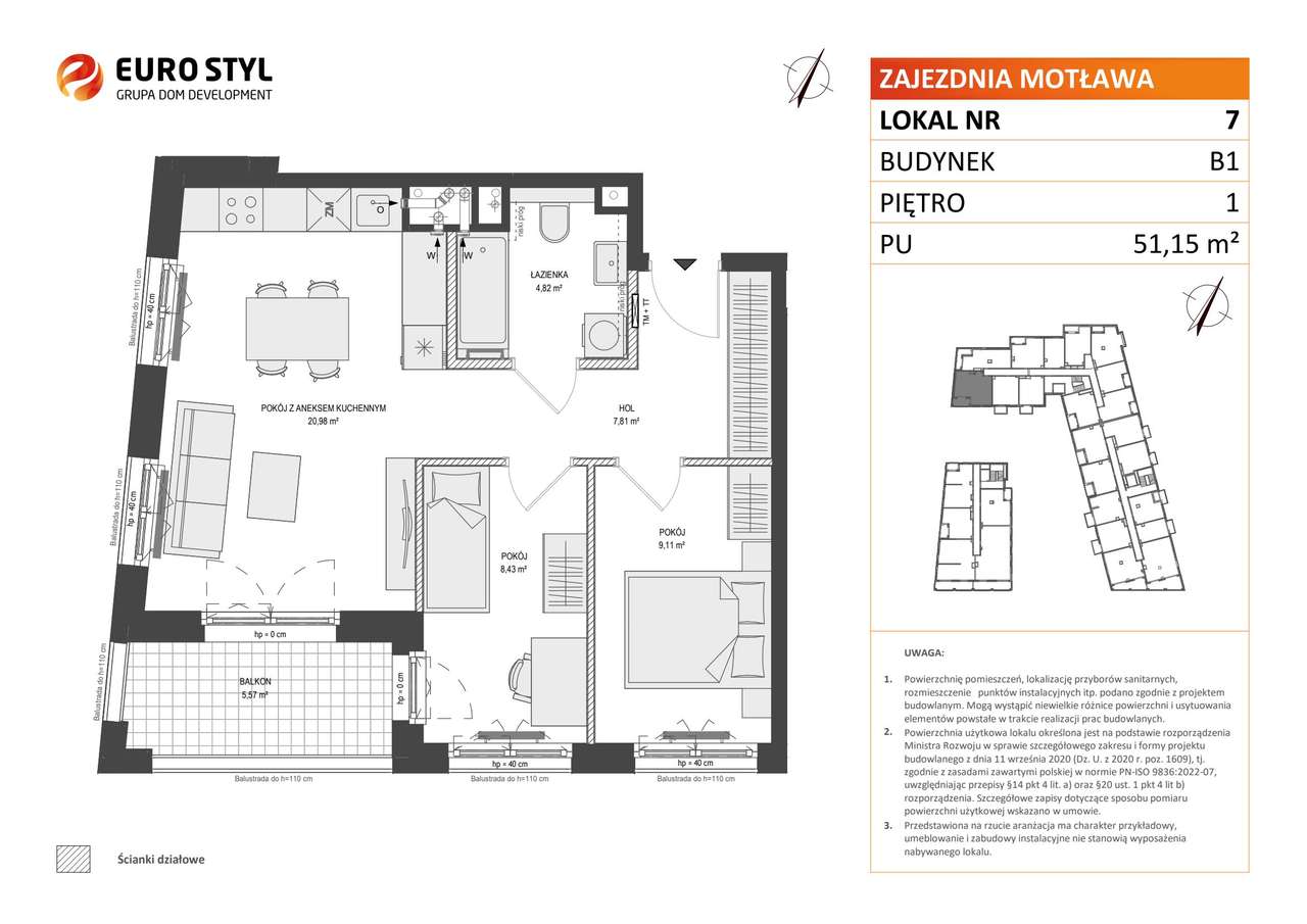3-pokojowe mieszkanie 51m2 + balkon - Pełny obrazek: 2/7