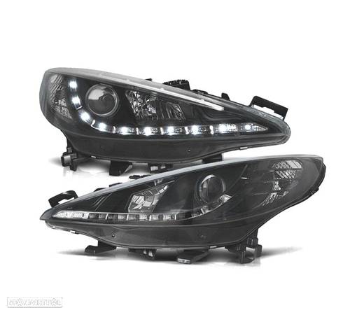 FARÓIS COM LUZ DIURNA LED PARA PEUGEOT 207 06-12 FUNDO PRETO - 1