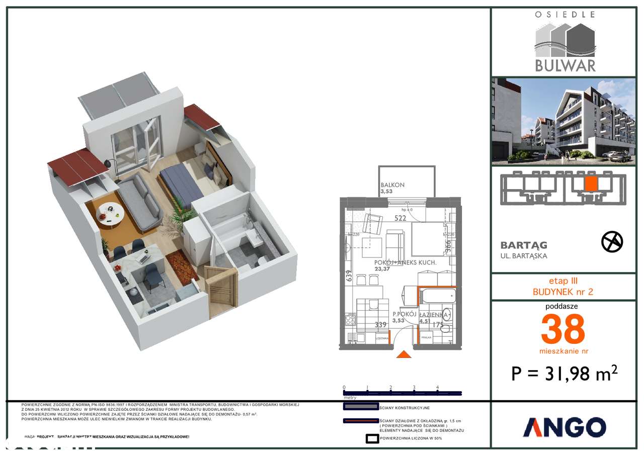 kawalerka na ostatnim piętrze z balkonem na rzekę Łynę - Pełny obrazek: 2/12
