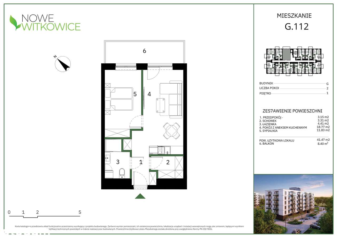 Mieszkanie dwupokojowe 41,47 m2 I piętro  ( G112) - Pełny obrazek: 2/14