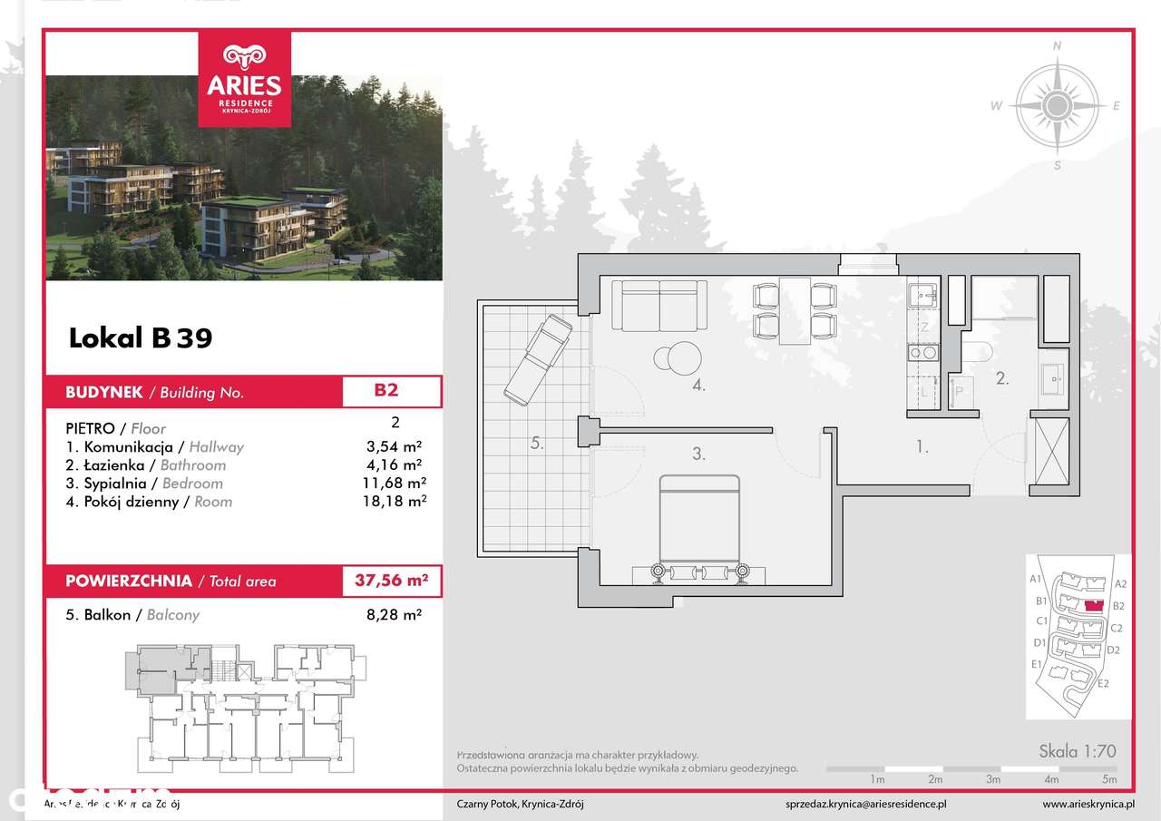 Apartament 37 m2 350 m od stacji narciarskiej Jaworzyna Krynicka (lokal B39)