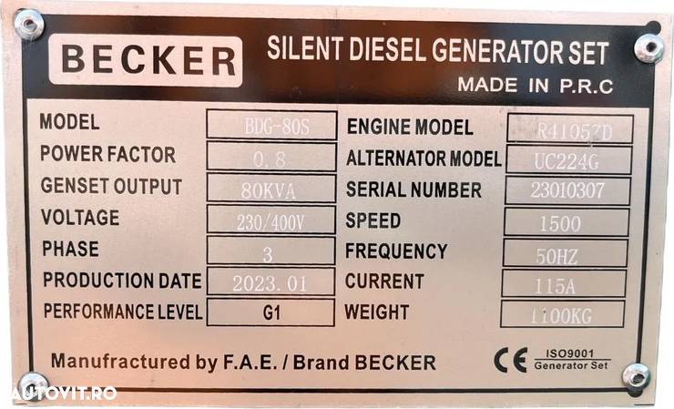 Set Generator de Curent Electric, Diesel, Becker BDG-80S, 80 kVA / 64 KW - 7