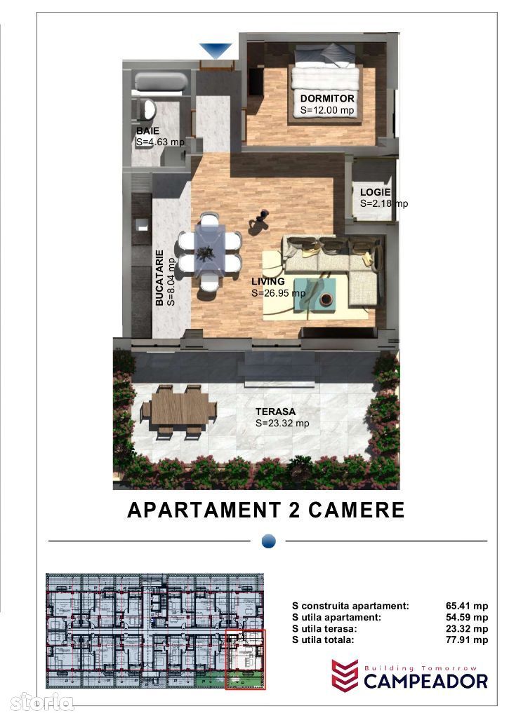 CAMPEADOR: Apartament cu 2 cam, 54 mp utili, la parter cu terasa