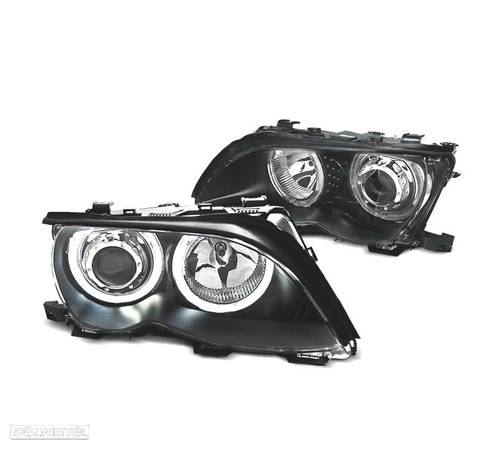 FAROIS FRONTAL PARA BMW SERIE 3 E46 4 PORTAS 01-05 OLHOS DE ANGEL LED FUNDO PRETO - 1