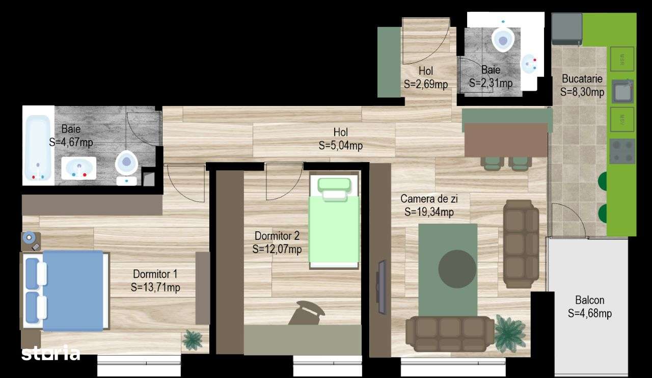 Orientare SUD -Apartament 3 camere- Model A19 - AVANERA Bacau - Imagine principală: 4/9