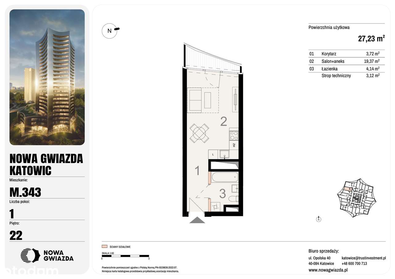 1-pokojowe mieszkanie 27m2 + balkon - Pełny obrazek: 2/7