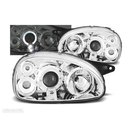 FARÓIS FRONTAIS ANGEL EYES PARA OPEL CORSA B,93-00 FUNDO CROMADO ELEC. - 1