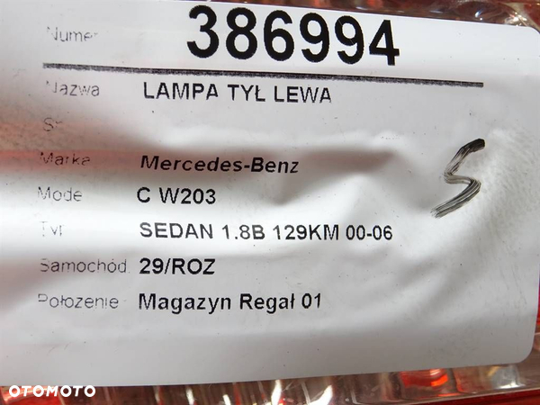 LAMPA TYŁ LEWA LED MERCEDES-BENZ KLASA C (W203) 2000 - 2007 C 180 (203.035) 95 kW [129 KM] benzyna - 5