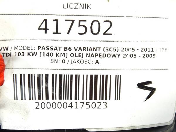 LICZNIK VW PASSAT B6 Variant (3C5) 2005 - 2011 2.0 TDI 103 kW [140 KM] olej napędowy 2005 - 2009 - 5