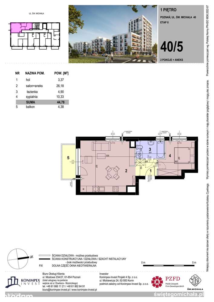 2-pokojowe mieszkanie 44m2 + balkon - Pełny obrazek: 2/7