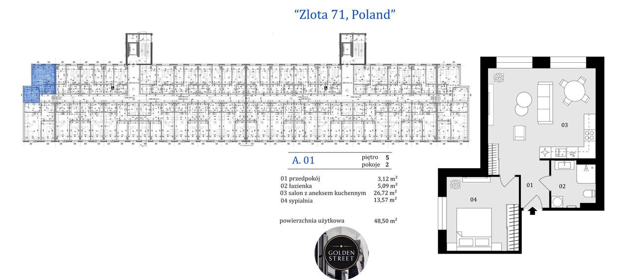 Złota 71 | mieszkanie 2-pok. | A.5.1 - Pełny obrazek: 5/11