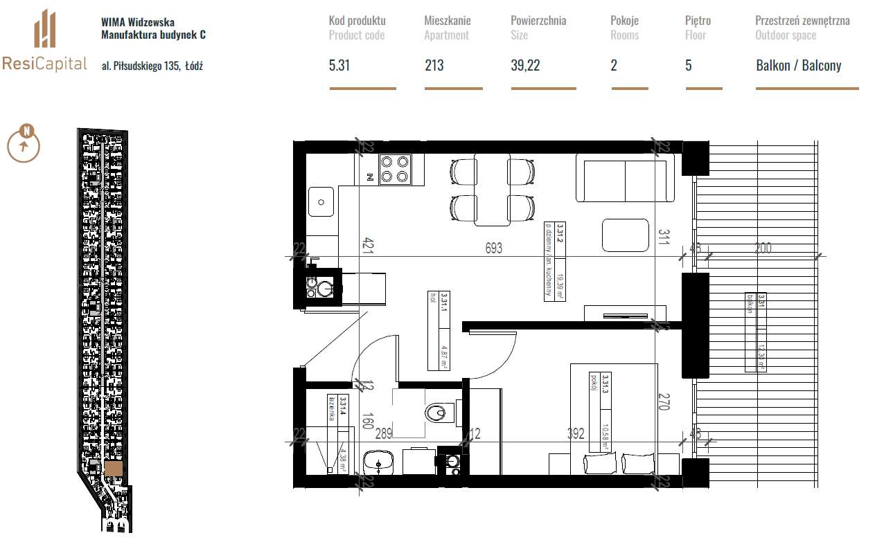Nowoczesne 2-pokojowe mieszkanie z balkonem i garażem, WIMA-1