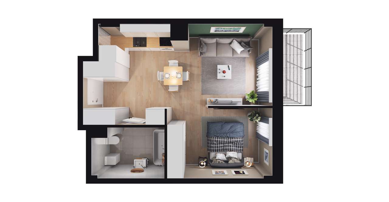 1-pokojowy apartament inwestycyjny 36m2 + balkon - Pełny obrazek: 2/8