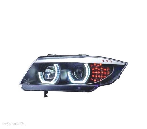 FARÓIS FRONTAIS PARA BMW SERIE 3 E90 E91 ANGEL YES FULL LED 3D FUNDO PRETO 05-08 BERLINA TOURING - 1