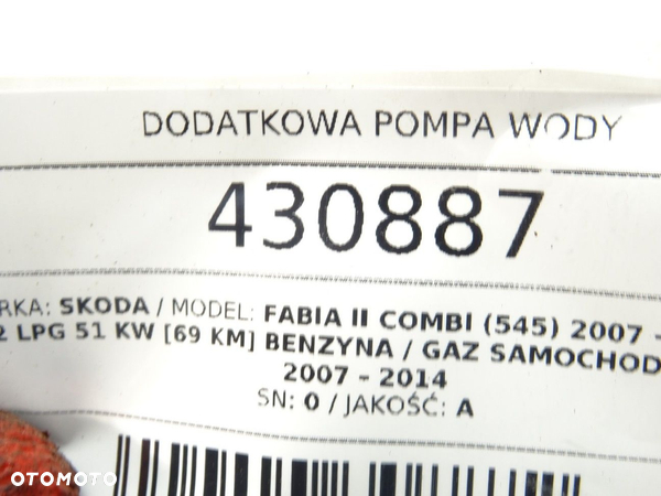 DODATKOWA POMPA WODY SKODA FABIA II Combi (545) 2007 - 2014 1.2 LPG 51 kW [69 KM] Benzyna / gaz - 5