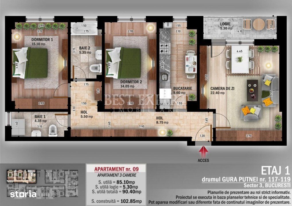 Ideal Familie Apartament 3 Camere cu geam la baie