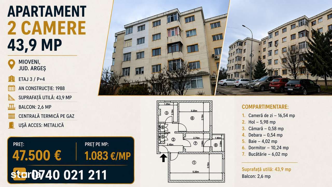 Apartament 2 camere - 44 mp - Et.3|4, Mioveni — fotografia 1