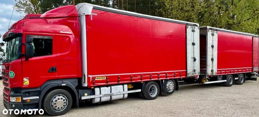 Scania R410 HIGHLINE 6x2 JUMBO OŚ PODNOSZONA AUTOMAT RETARDER STANDKLIMA FIRANKA DŁ:7.80m + PRZYCZEPA TANDEM WIELTON FIRANKA DŁ:7.80m NOWE PLANDEKI ZESTAW PRZEJAZDOWY EURO 6 2015 IGŁA - 1