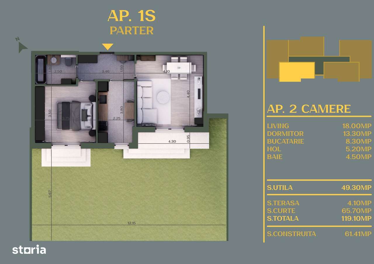 APARTAMENT 2 CAMERE CU CURTE PROPRIE – BERCENI / VIDRA - Imagine principală: 1/7
