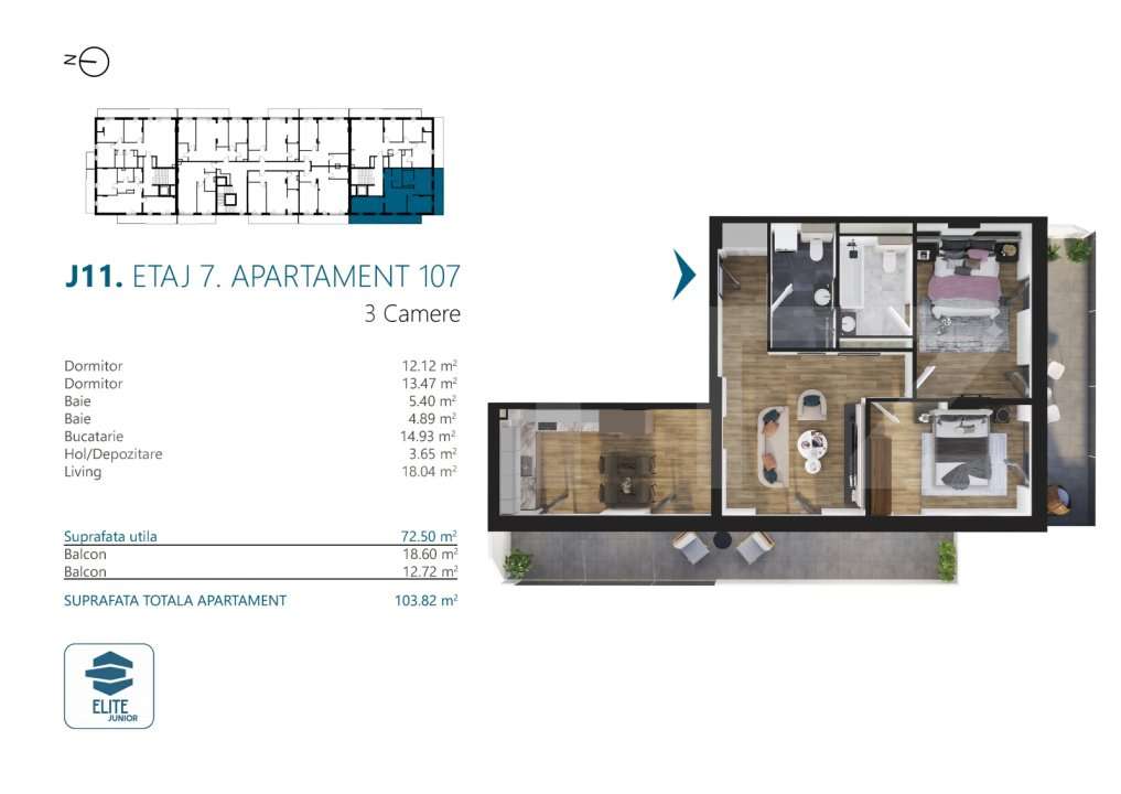 Apartament cu 3 camere, 72 mp, Ansamblu Rezidential, zona RIVUS - Imagine principală: 2/13