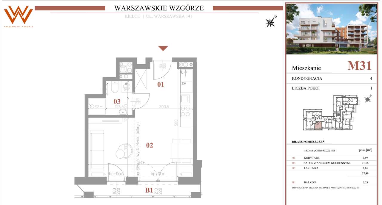 Kawalerka w nowej inwestycji, IIIp, balkon, Warszawska - Pełny obrazek: 4/7