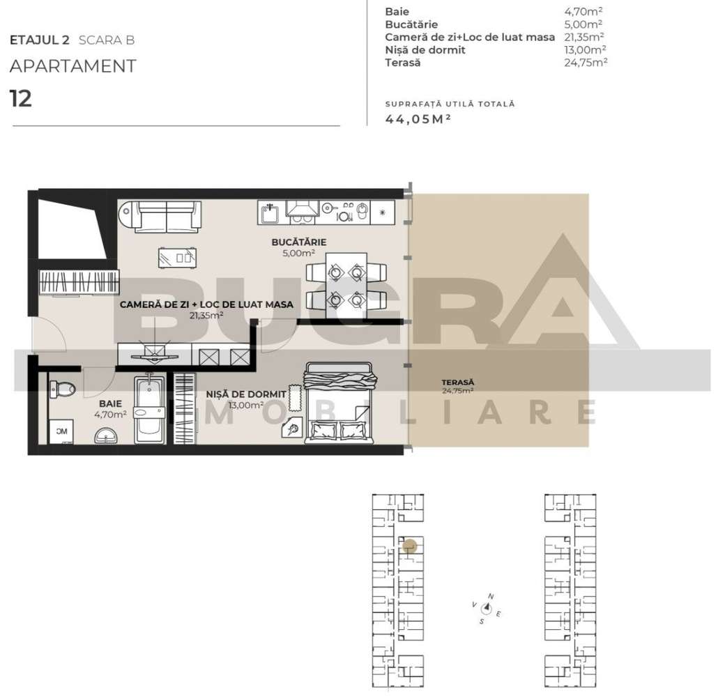 Apartament 2 camere, 44 mp, terasa 25 mp, zona Autogara - Imagine principală: 2/3