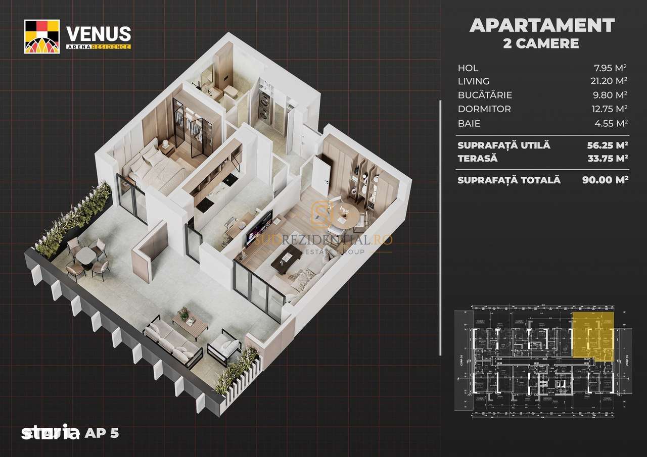 Aparatorii Patriei - 2 camere decomandate, terasa 33 mp, imobil nou - Imagine principală: 5/20