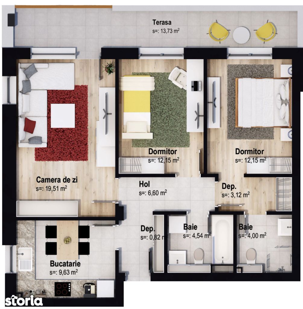 Apartament cu 3 camere în clădire cu 3 etaje