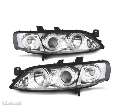 FARÓIS ANGEL EYES PARA OPEL VECTRA B 99-02 FUNDO CROMADO - 1