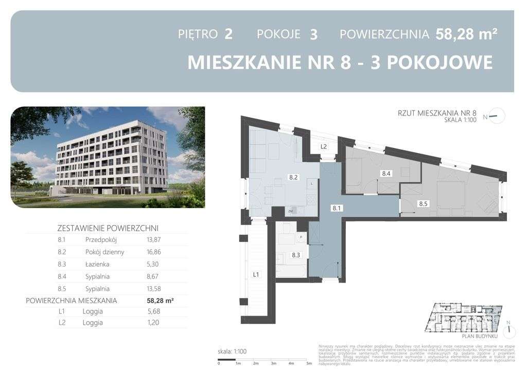 Nowoczesny apartament | 58,28m2 |3 pok |Projektant - Pełny obrazek: 2/6