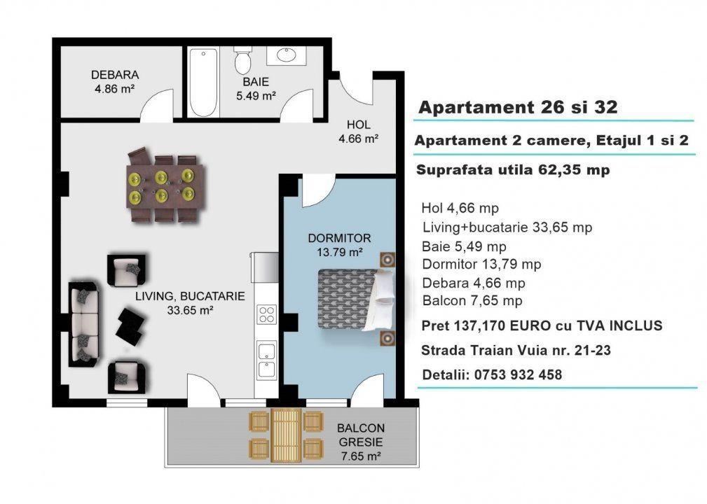 Apartament 2 camere, 62 mp, etaj intermediar, cartier Someseni.