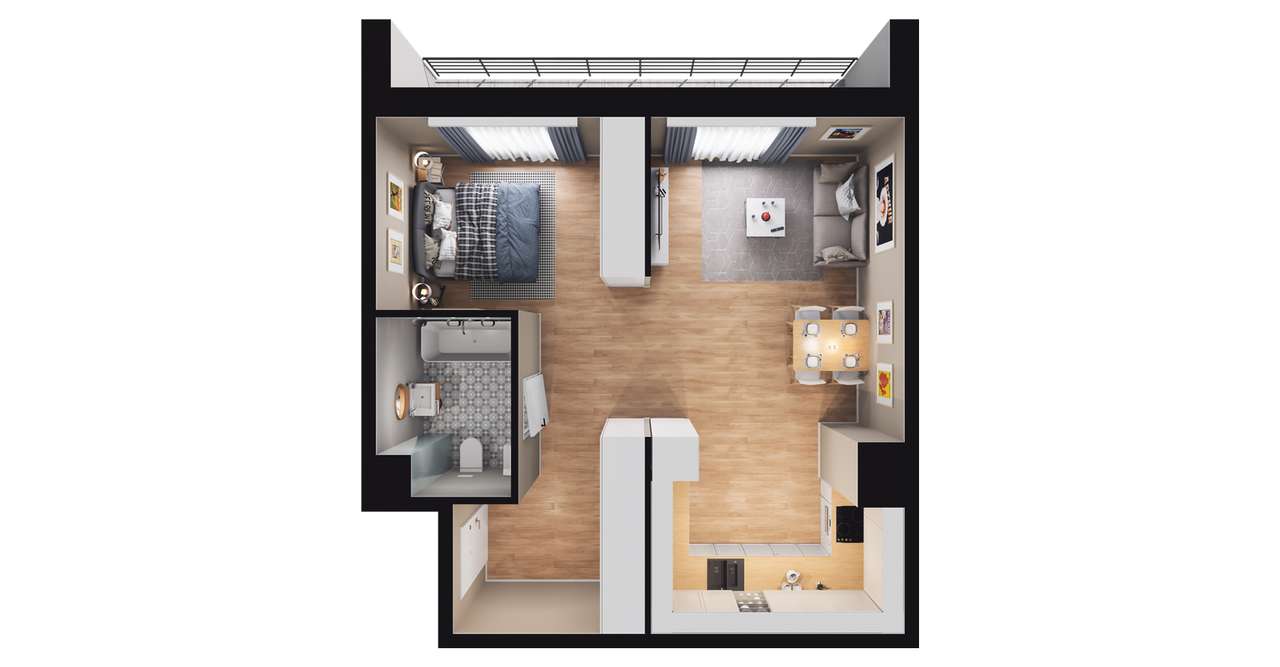 1-pokojowe mieszkanie 43m2 + loggia - Pełny obrazek: 2/8
