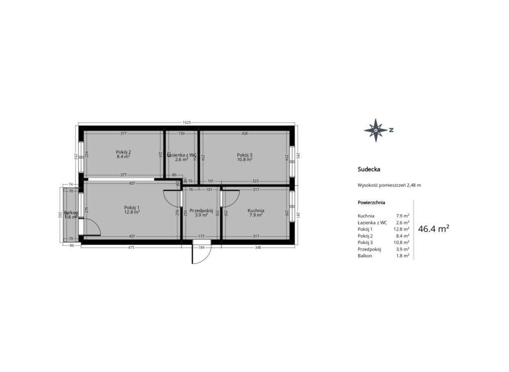 Sudecka-46m2-Rozkład-3pok-Balkon-Miejskie-piwnica. - Pełny obrazek: 2/7
