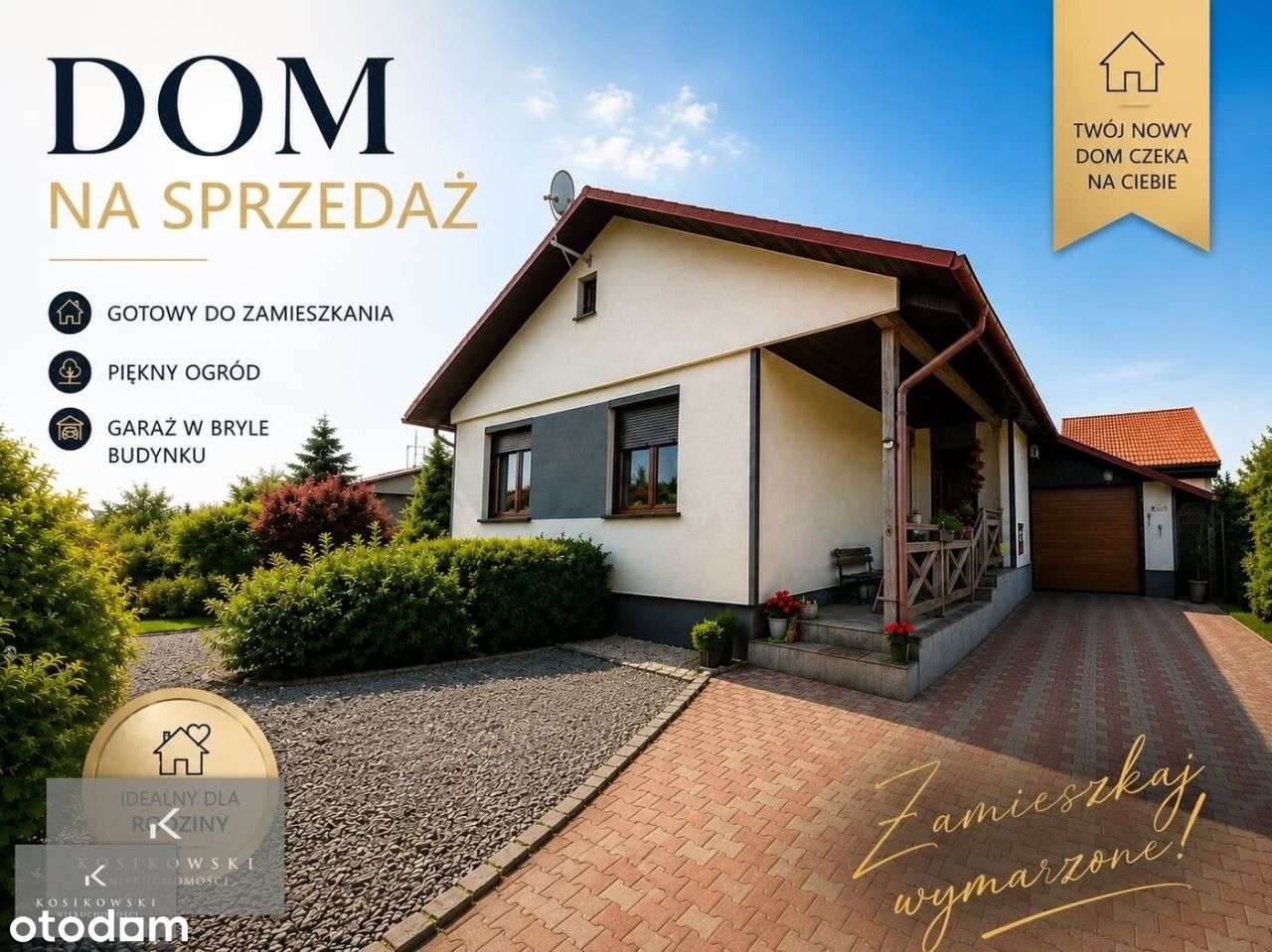 Parterowy dom z tarasem i pięknym ogrodem.