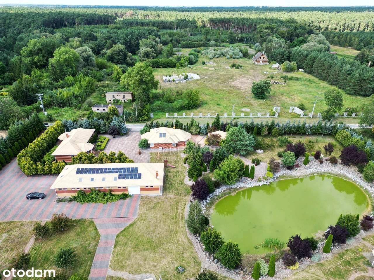 Dwa domy, siedlisko ze stawem i halą, wśród lasu-0