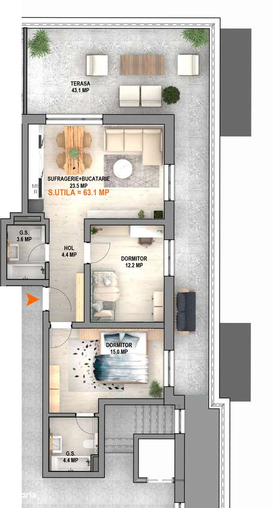 Apartament 3 camere, SU 63 mp + 43 mp terasa, finisat, Magnolia Sibiu-8