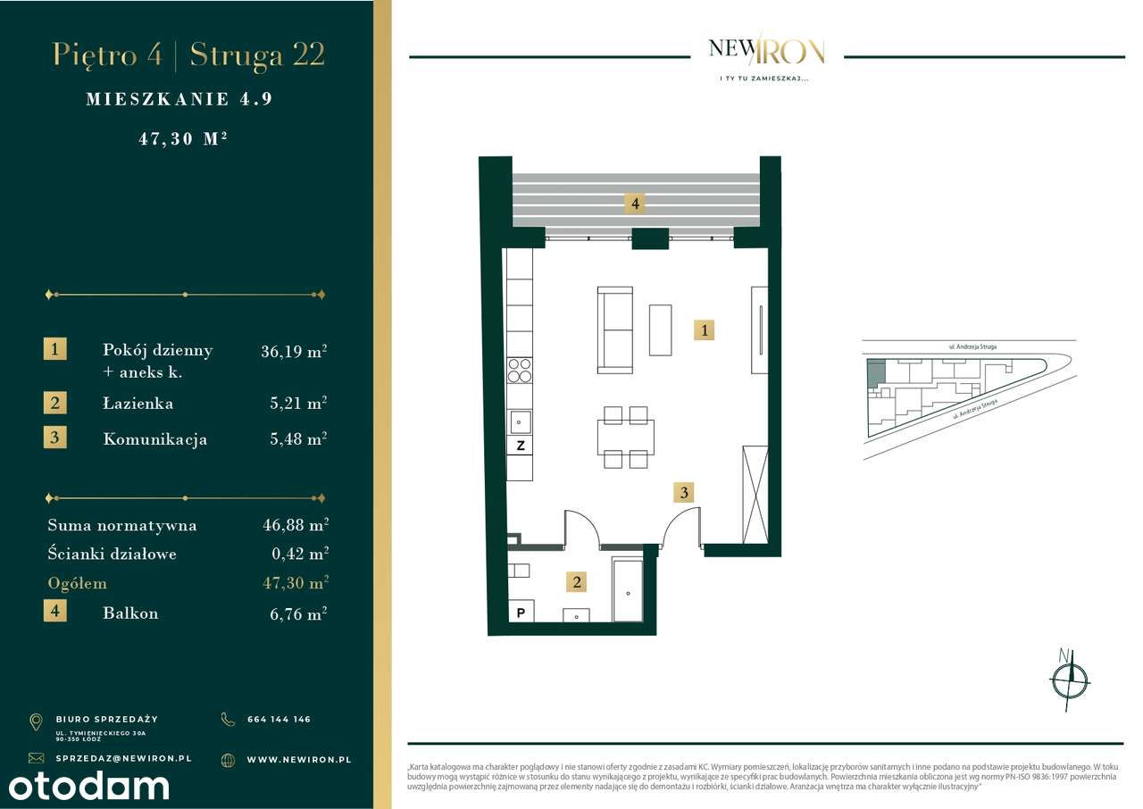 2- pokojowe mieszkanie 47m2 + balkon bezpośrednio (lokal 4.9)
