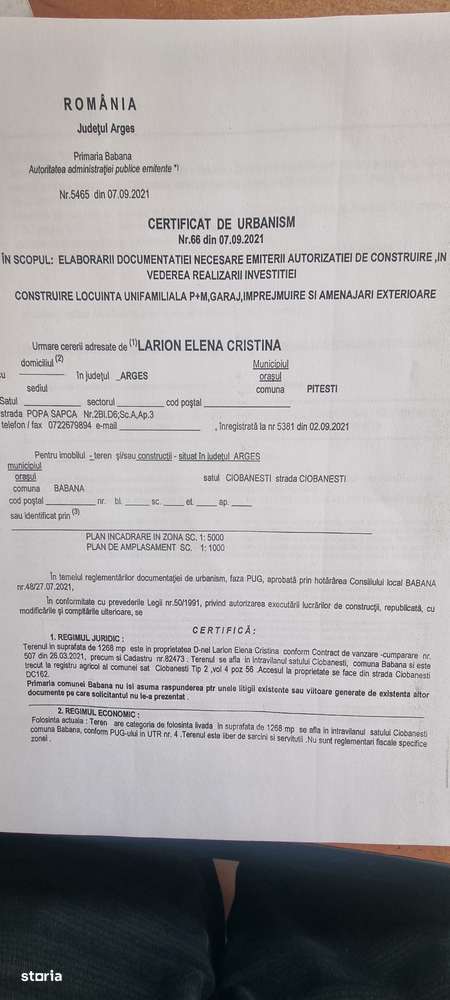 Vand teren intravilan, Babana, sat Ciobanesti, Ag, cu proiect de casa - Imagine principală: 5/10