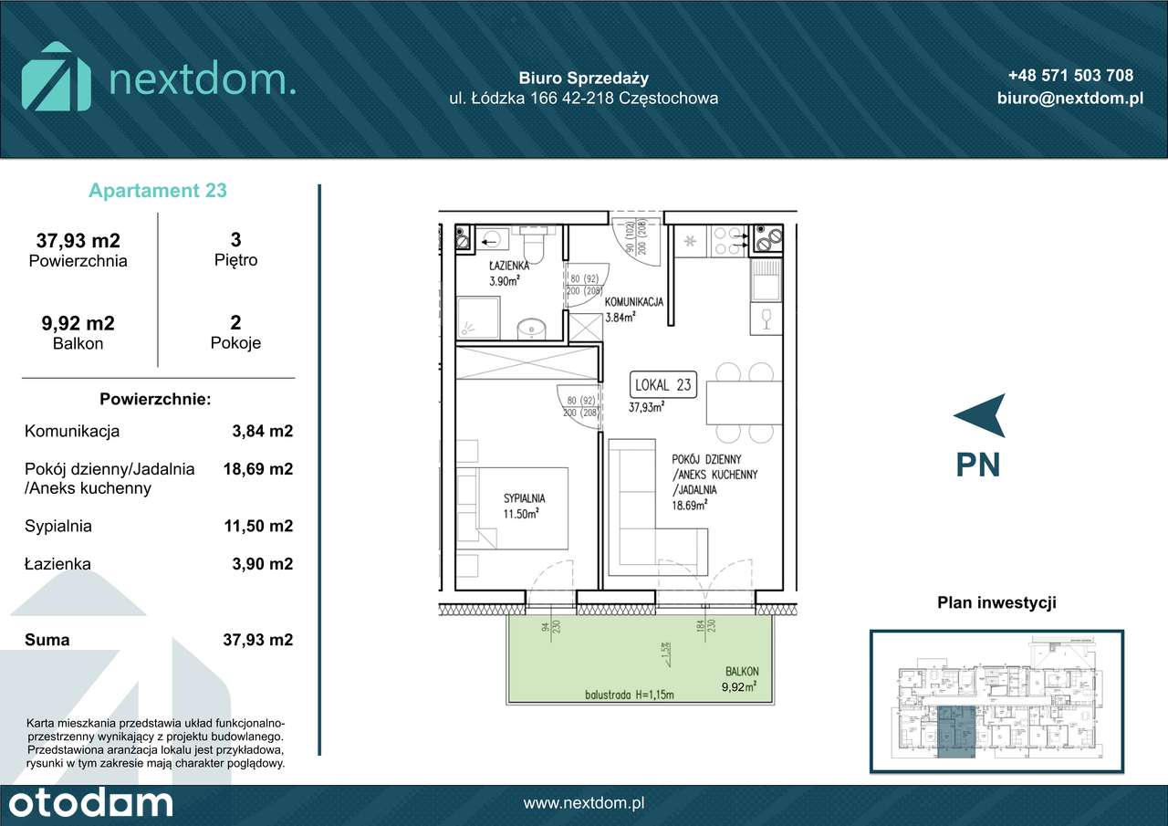 Apartament 23 - 37.93m2 + balkon 9.92m2 - Łódzka 166 Częstochowa - Pełny obrazek: 5/16