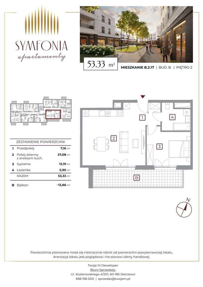 2-pokojowe mieszkanie 53m2 + balkon - Pełny obrazek: 2/9