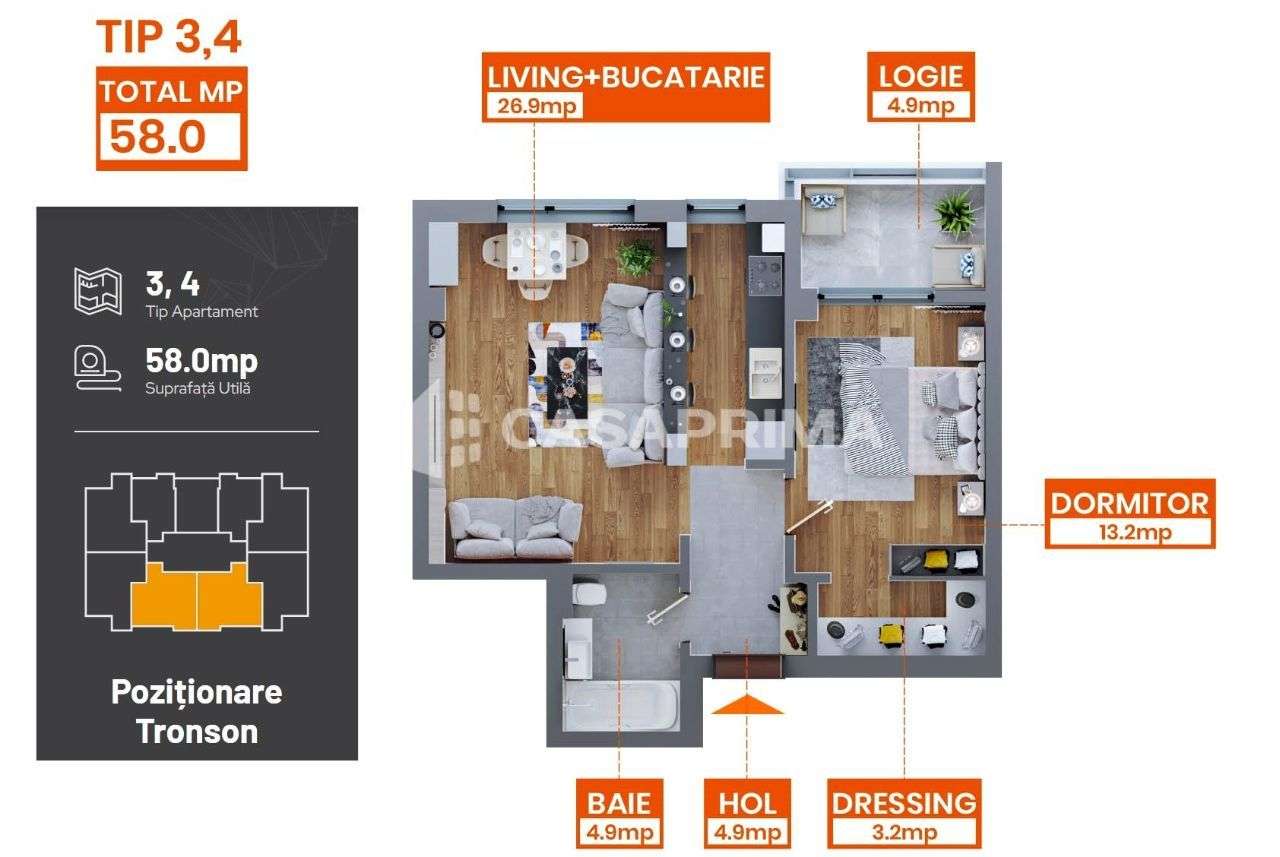 Bloc Nou Dacia, finisaje premium, Apartament 2 camere 58 mp FINALIZAT - Imagine principală: 4/13