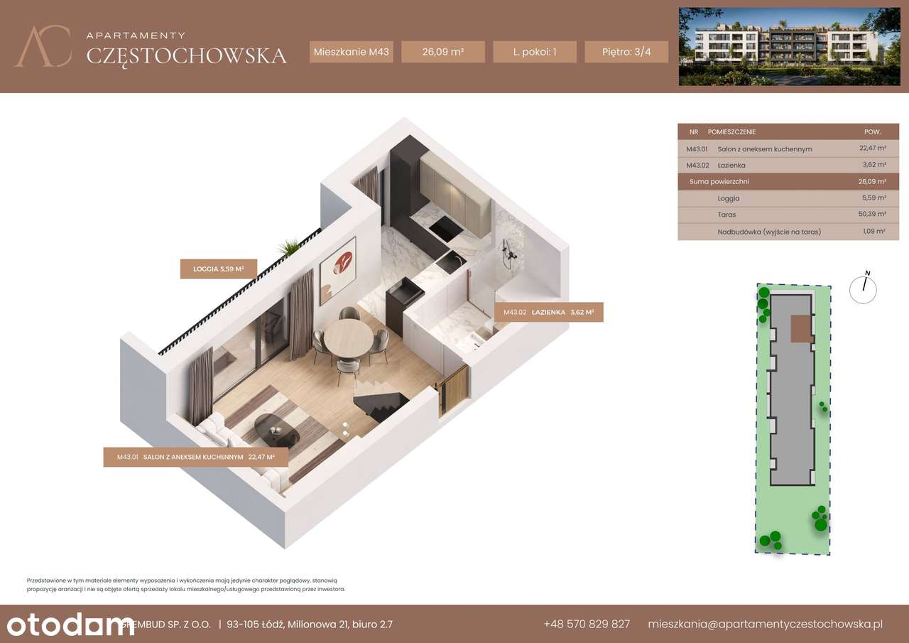 1-pokojowe mieszkanie 26m2 + taras Bez Pośredników - Pełny obrazek: 2/7
