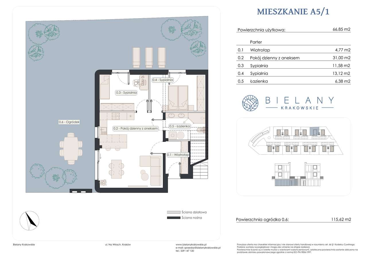 Nowe mieszkanie z prywatnym ogródkiem | 66,85 m² | Bielany Krakowskie