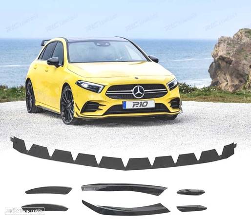 SPOILER LIP FRONTAL + SPLITTERS PARA MERCEDES CLASE A W177 18- LOOK AMG PRETO BRILHANTE - 1