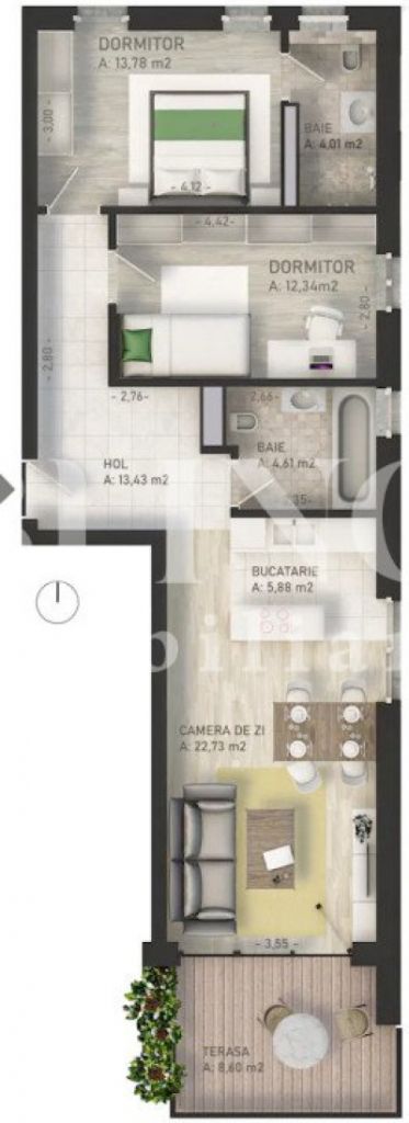 Apartament de 3 camere, 77 mp, Balcon 9 mp, Zona Centrala