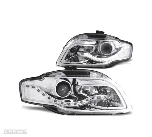 FARÓIS COM LUZ DIURNA LED PARA AUDI A4 B7 04-07 FUNDO CROMADO - 1