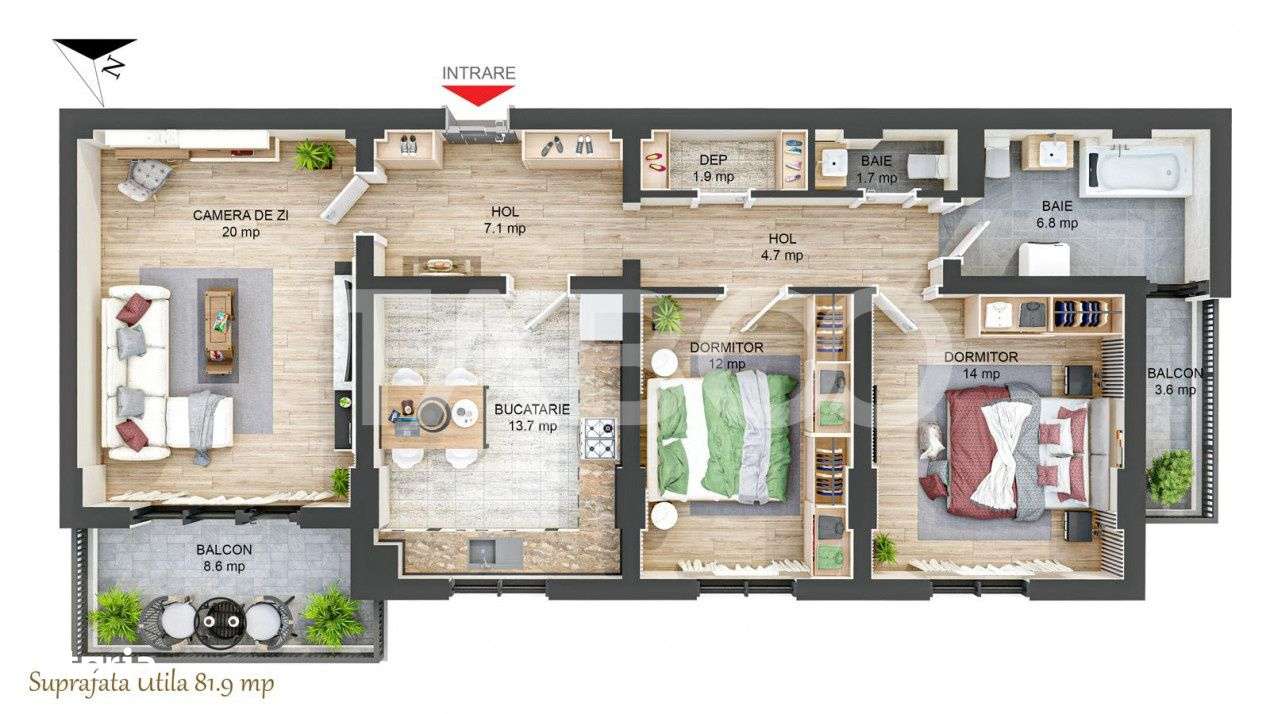 Apartament decomandat 82 mpu 3 camere 2 bai 2 balcoane Rahovei Sibiu - Imagine principală: 2/12