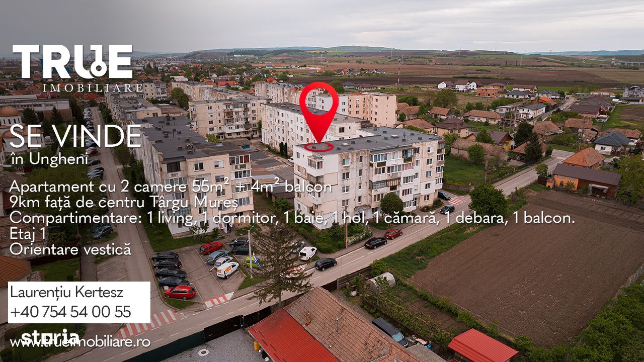 Apartament cu 2 camere, 55m² utili + balcon 4m², Ungheni!