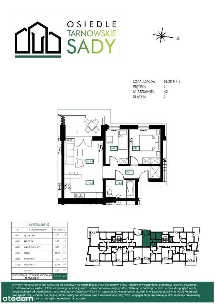 Tarnowskie Sady Blok 2 M42 mieszkanie 51,16m² - Pełny obrazek: 2/7